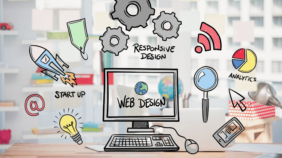 Colorful icons for web design elements like responsive design and analytics around a monitor.