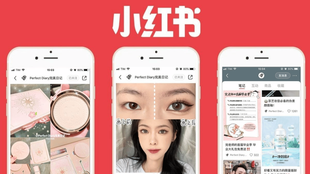 Xiao Hong Shu marketing: beauty product posts on smartphones.