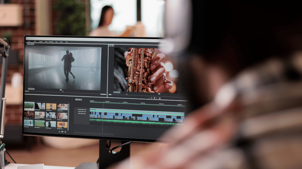 Video production: editing footage on a computer screen.