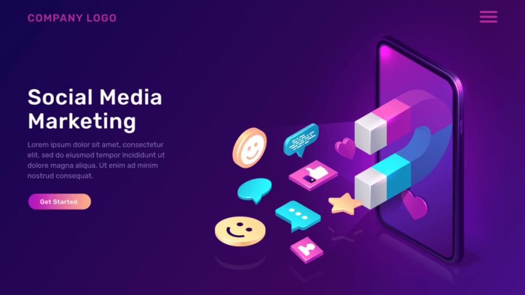 Social media marketing: smartphone with engagement icons.