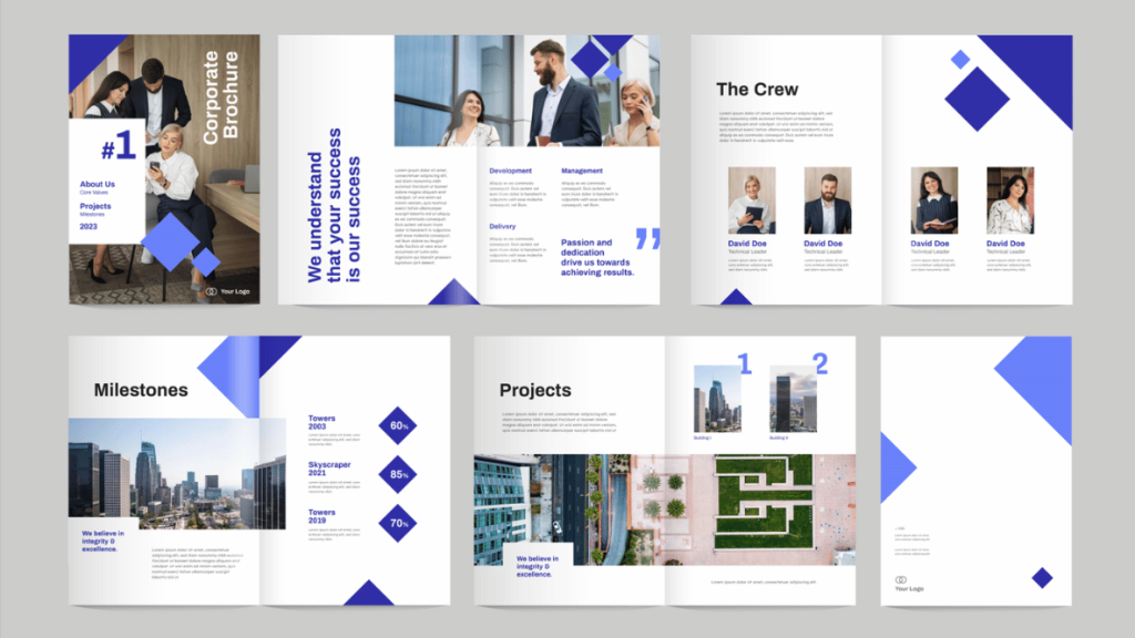 KL Company Profile Design featuring sections on company overview, team, and projects with blue geometric accents.