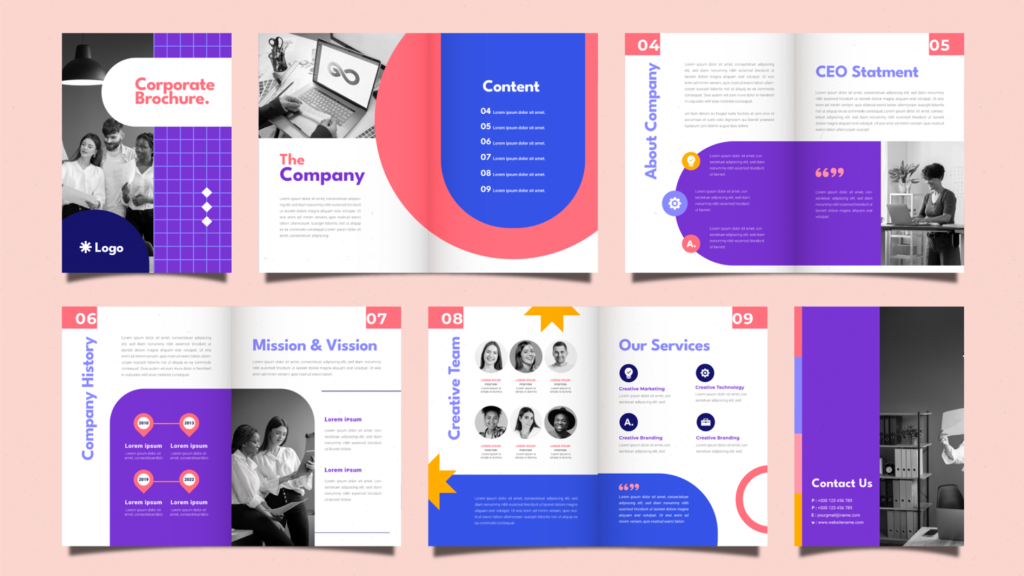 Company Profile Design featuring sections on company history, mission, team, and services in bold colors and clean layout.