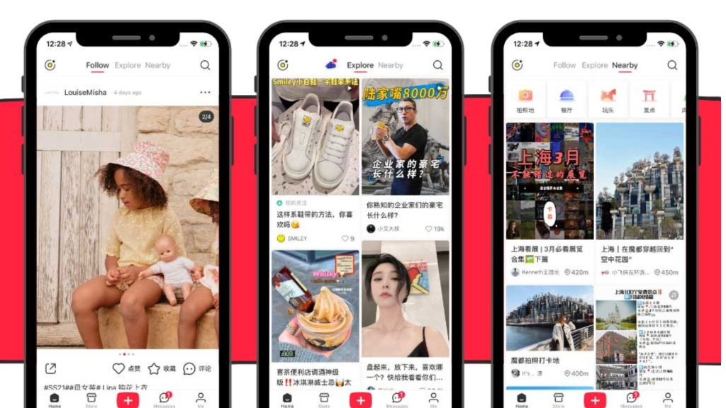 Multiple smartphones displaying varied Xiaohongshu Marketing content including fashion, food, and travel.