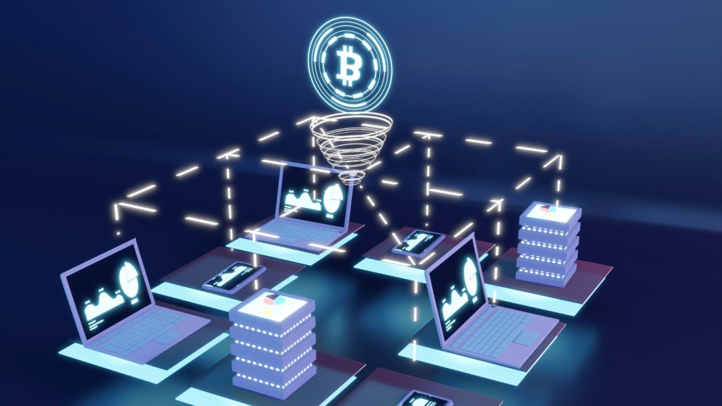 Graphic representation of Blockchain Technology with a Bitcoin symbol and a network of connected computers