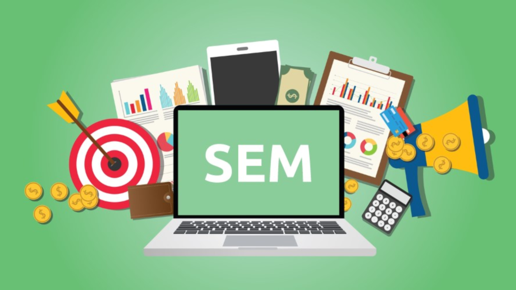 "Google Ads (SEM) setup illustrated with a laptop, target, megaphone, and financial charts."