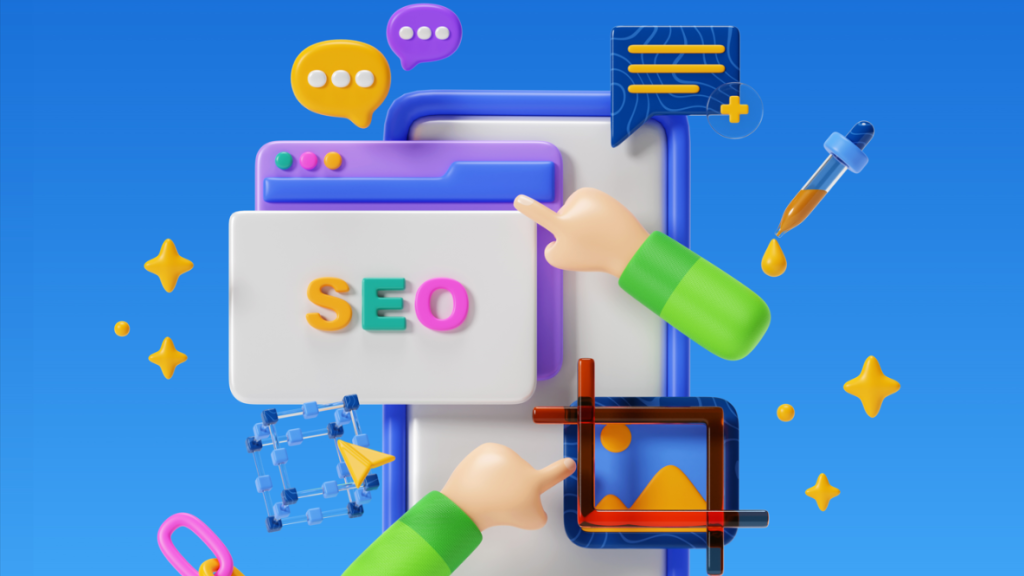 Vibrant SEO Services graphic with cartoon hands and web icons around an 'SEO' browser window.