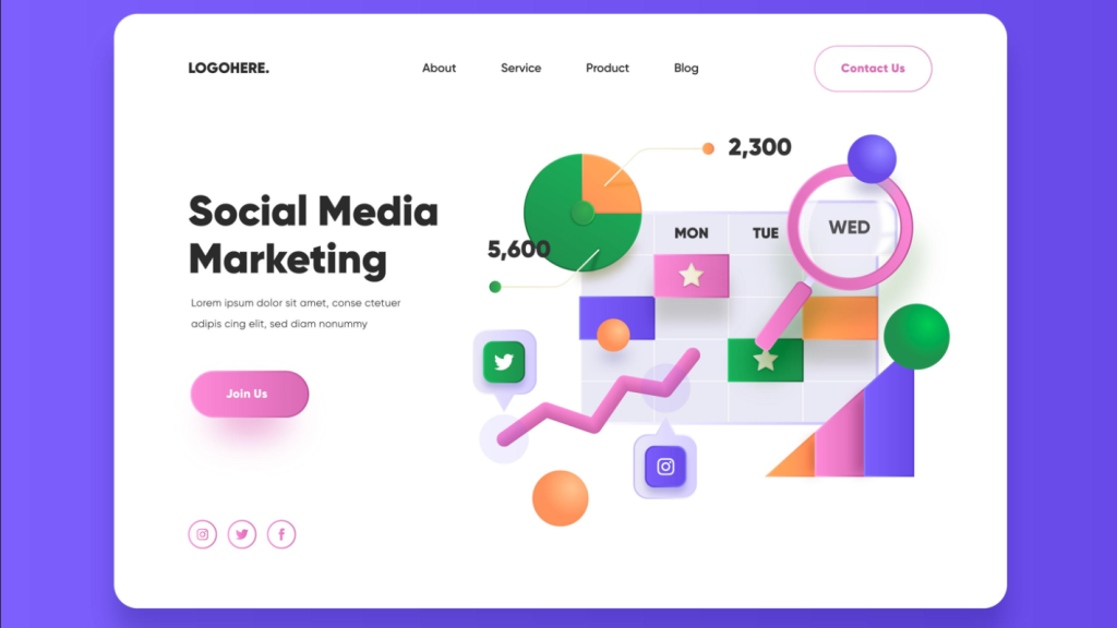 Social Media Marketing interface featuring analytics, calendar, and icons on a purple background.