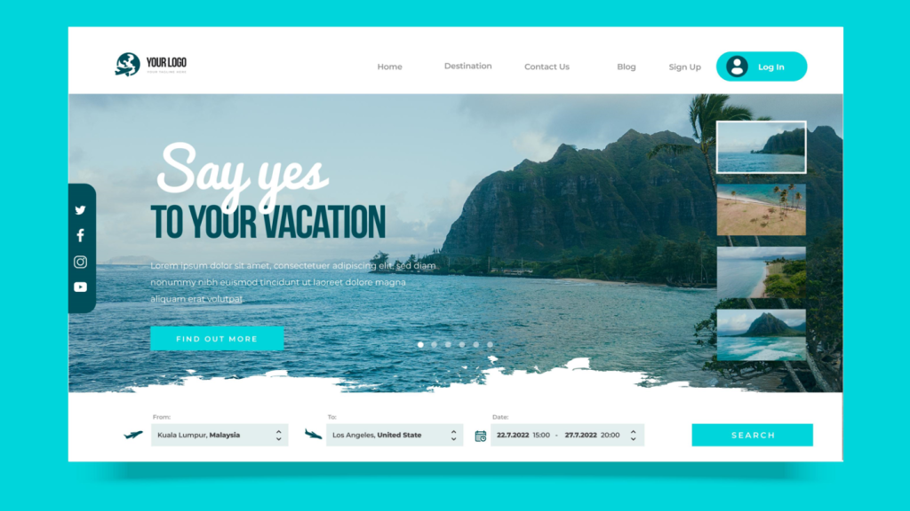 Web Design KL for a travel site with ocean imagery, vacation headline, and search features