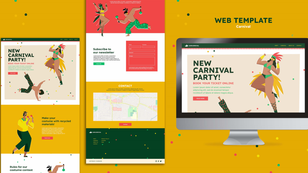 Web Design Malaysia featuring a colorful carnival-themed template on multiple devices.