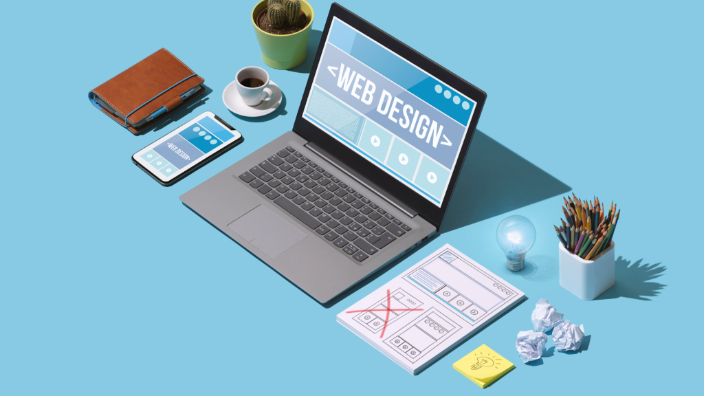 Website Development setup with a laptop, smartphone, and design tools on a blue background.