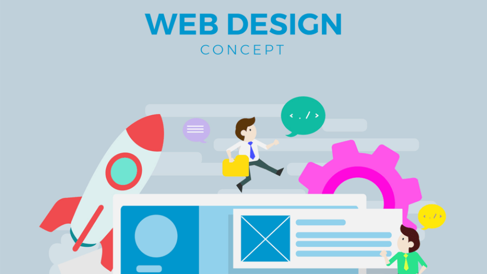 Animated web design Malaysia concept with characters and graphics.