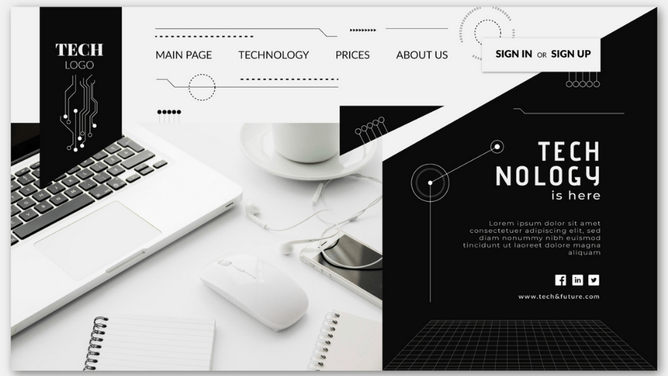 Black and white web design Ipoh with modern, minimalist layout featuring tech elements.