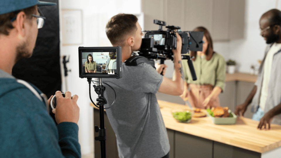 Creative video production process, from scripting to filming, with a team collaborating in the studio.