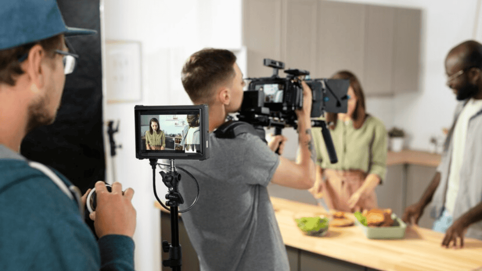 Team filming a cooking scene in a kitchen, highlighting Video Production.