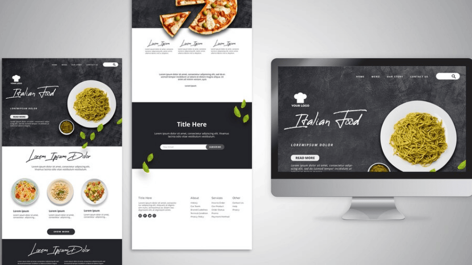 Italian food-themed website layout displayed on screens, highlighting Web Design KL.