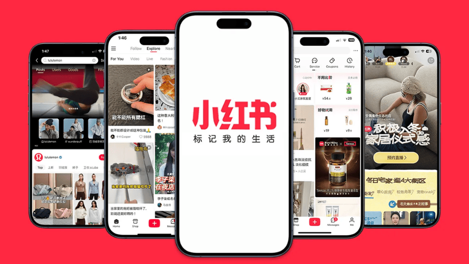 Mobile interface displaying Xiaohongshu app features, emphasizing Xiaohongshu Marketing.