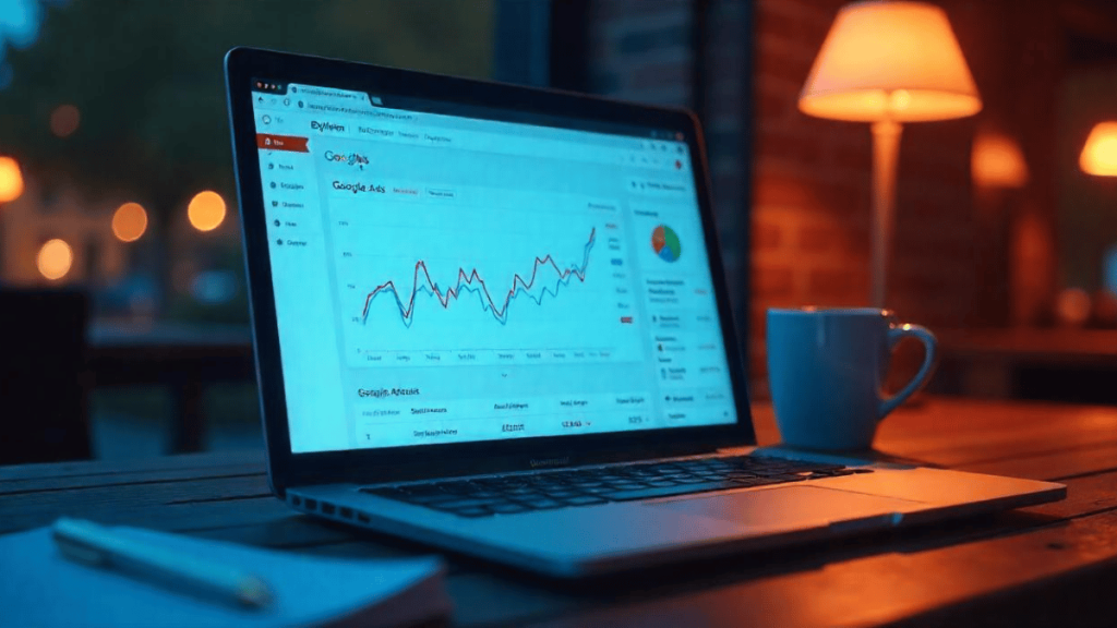 Search Engine Marketing (SEM) dashboard on a laptop screen, tracking ad performance and campaign effectiveness in a cozy workspace.