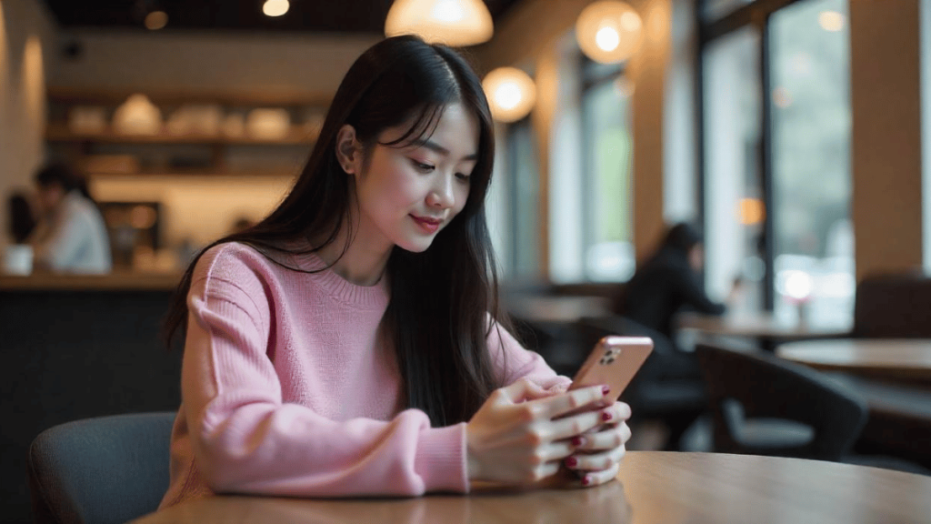 A young woman engaging with Xiaohongshu on her smartphone, exploring lifestyle and brand recommendations.
