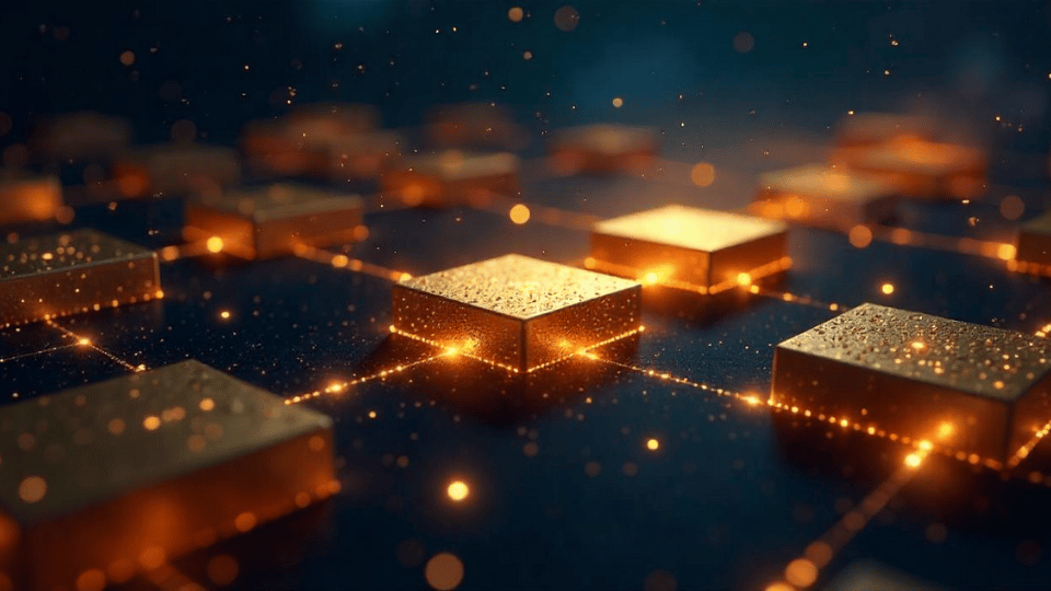 Futuristic visualization of blockchain technology, depicting interconnected digital blocks in a secure decentralized network.