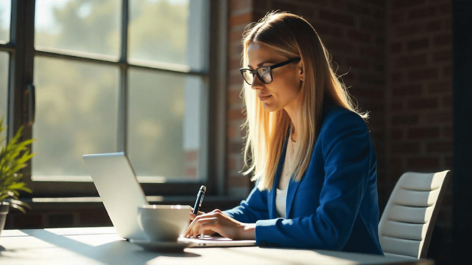 A professional content writer working on a laptop in a bright, modern workspace, creating engaging digital content.