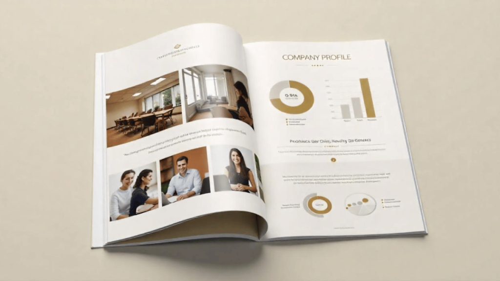 Elegant and modern company profile design featuring charts, graphs, and corporate imagery for businesses in Ipoh.